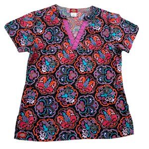 Dickies Womens Scrub Top Small Floral Short Sleeve V-Neck